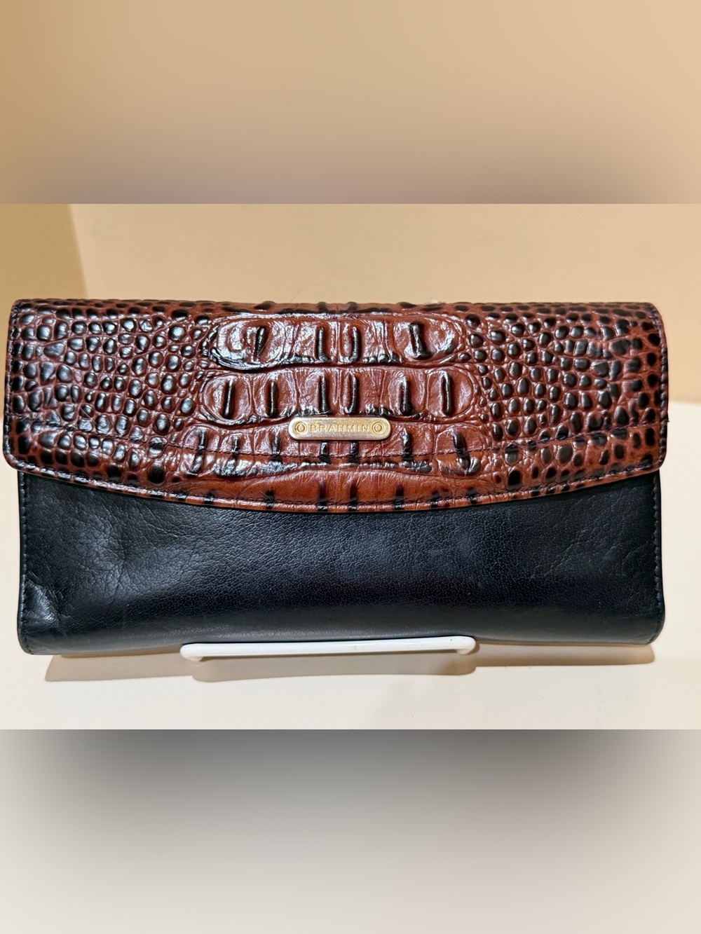 Brahmin Black and Brown Croc-Trim Leather Wallet